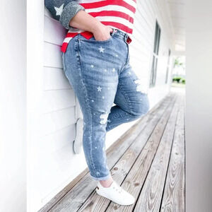 Judy Blue Boyfriend Distressed High Waisted Celestial Star Printed Denim Jeans